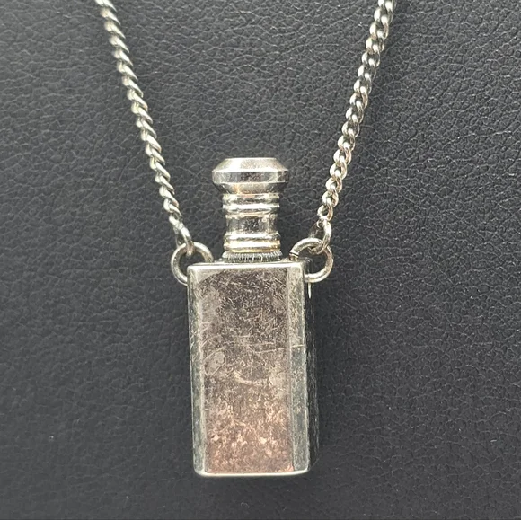 VTG Gothic Silver Tone Mini Perfume Medicine Bottle Pendant Necklace 24" - Picture 1 of 15